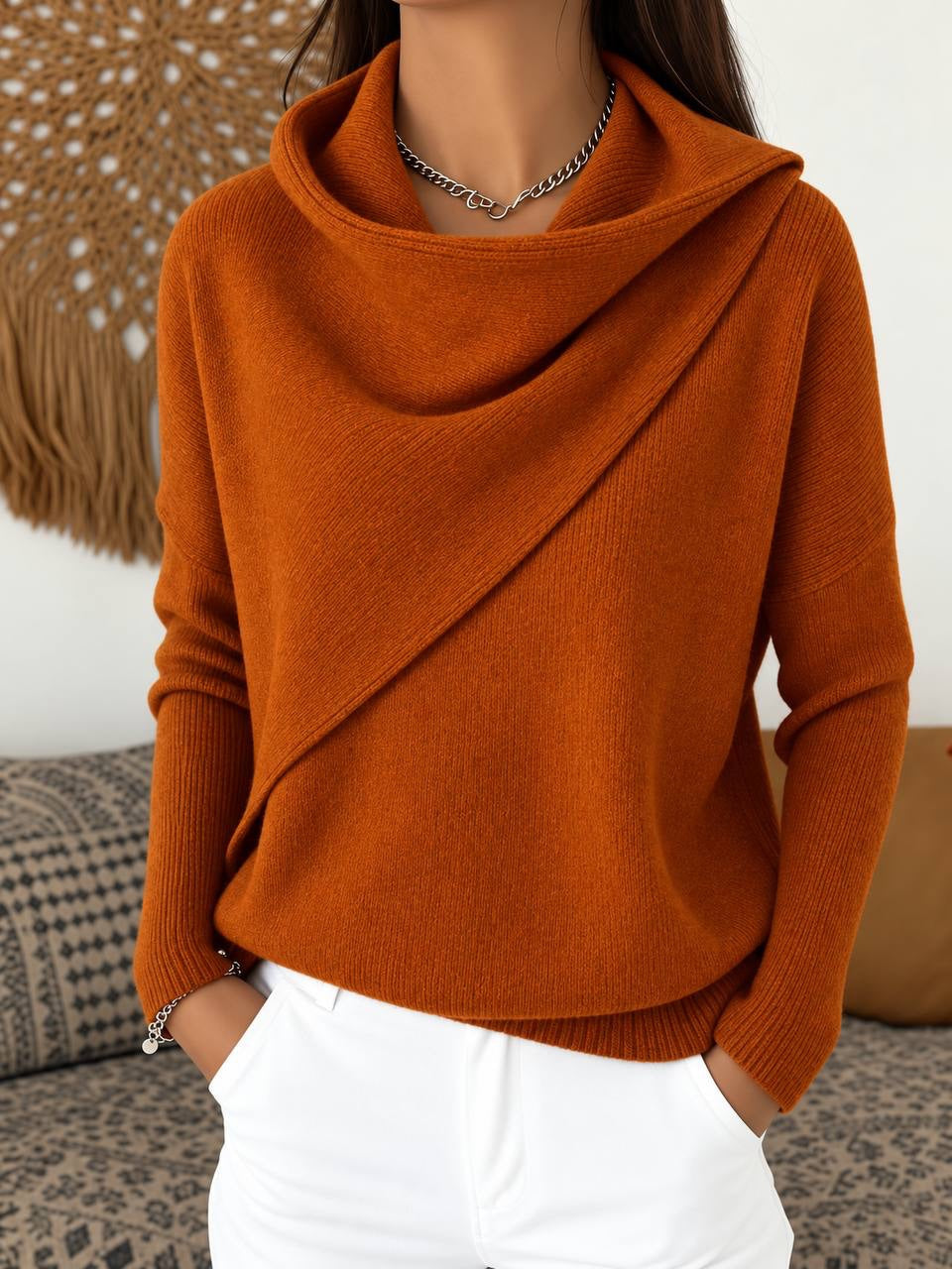 Relaxed Cowl Neck Sweater With Asymmetric Draped Front – Burnt Orange