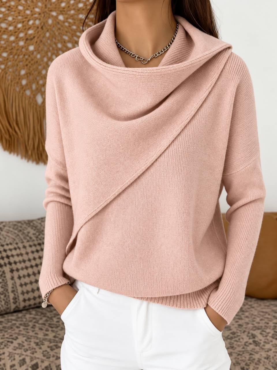 Relaxed Cowl Neck Sweater With Asymmetric Draped Front – Pale Pink