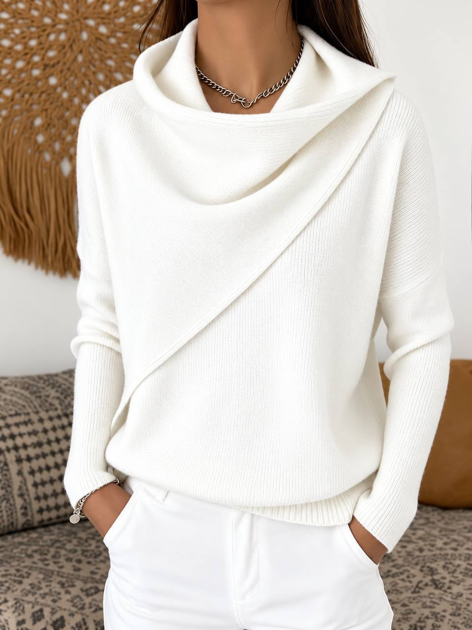 Relaxed Cowl Neck Sweater With Asymmetric Draped Front – White