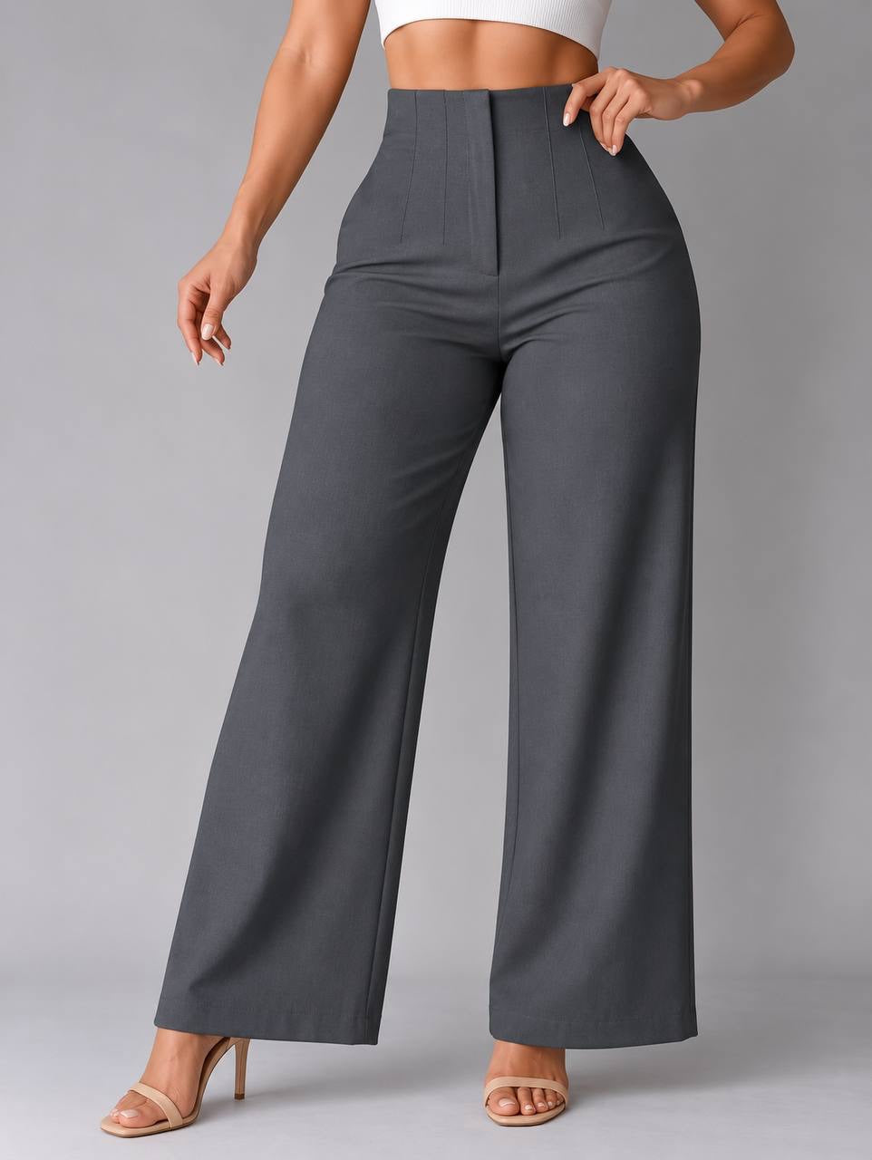 Wide-Leg Pants With a High Rise and Seaming – Dark Grey