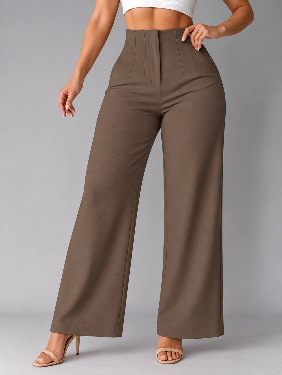 Wide-Leg Pants With a High Rise and Seaming – Brown