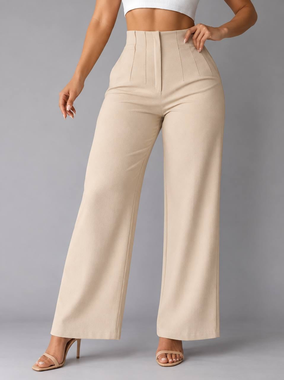 Wide-Leg Pants With a High Rise and Seaming – Beige