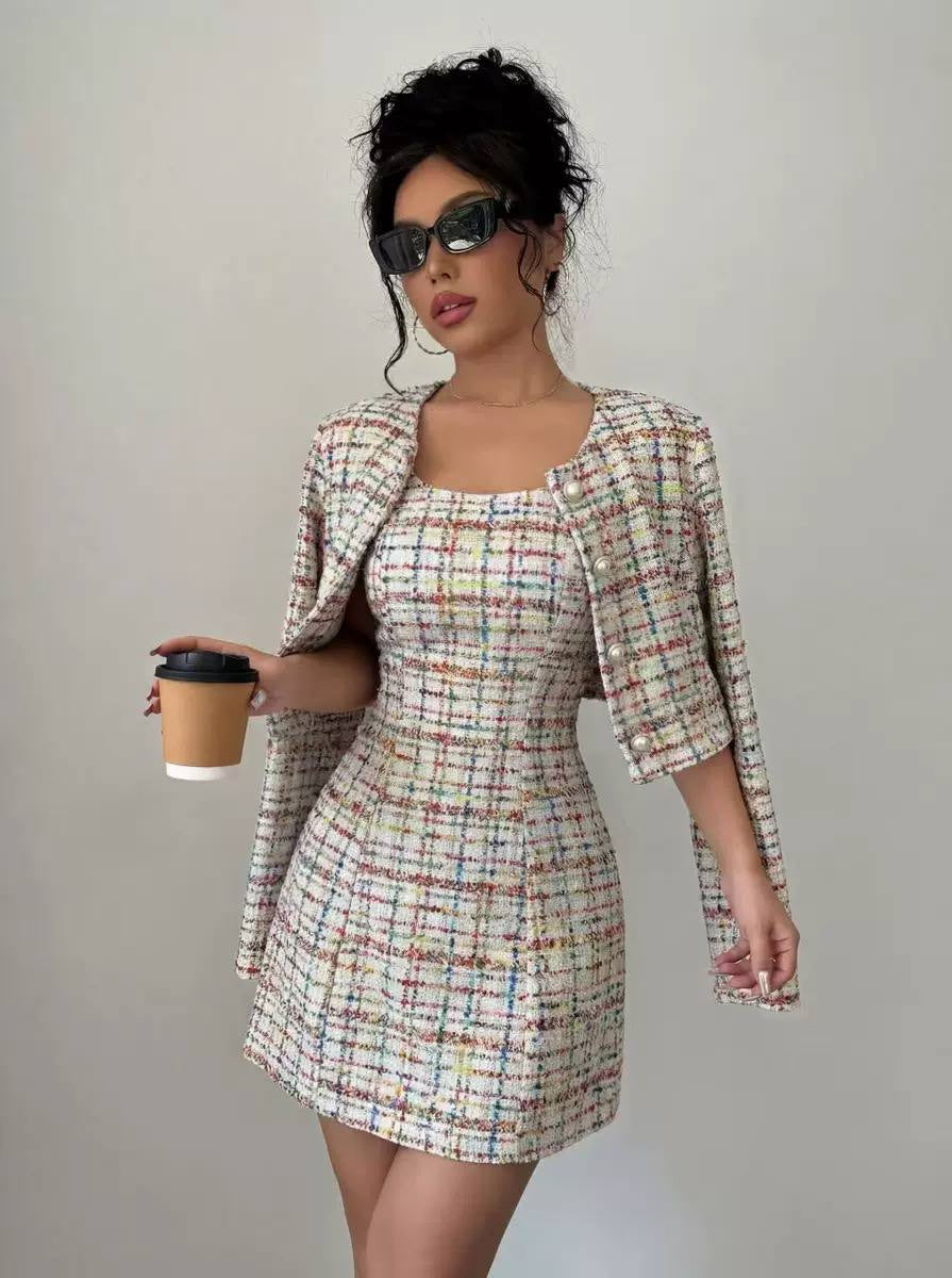 Pearl-Look Button Jacket and Plaid Mini Dress Set – Multicolour Plaid