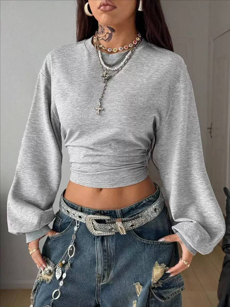 Ruched Waist Cropped Top With Dropped Shoulder Sleeves – Grey