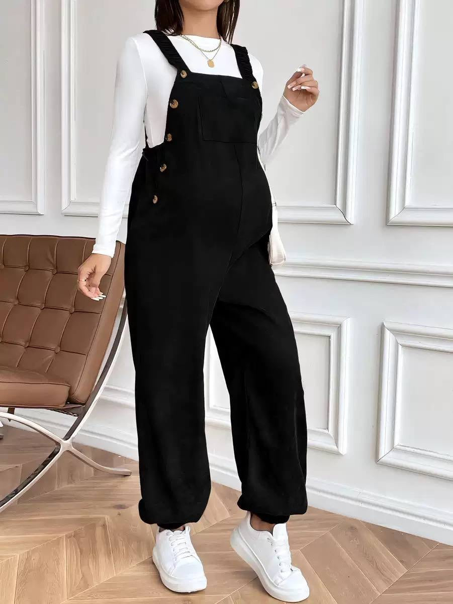 Maternity Bib Jumpsuit With Gathered Straps And Cuffed Legs – Black
