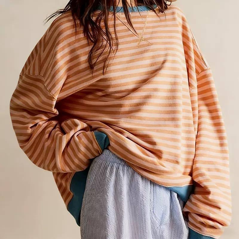 Relaxed Striped Crewneck Top With Dropped Shoulders – Peach Stripe