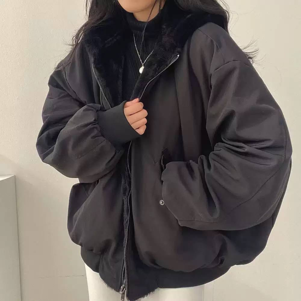 Plush-Collar Bomber Jacket With Dropped Shoulders and Ribbed Trim – Black