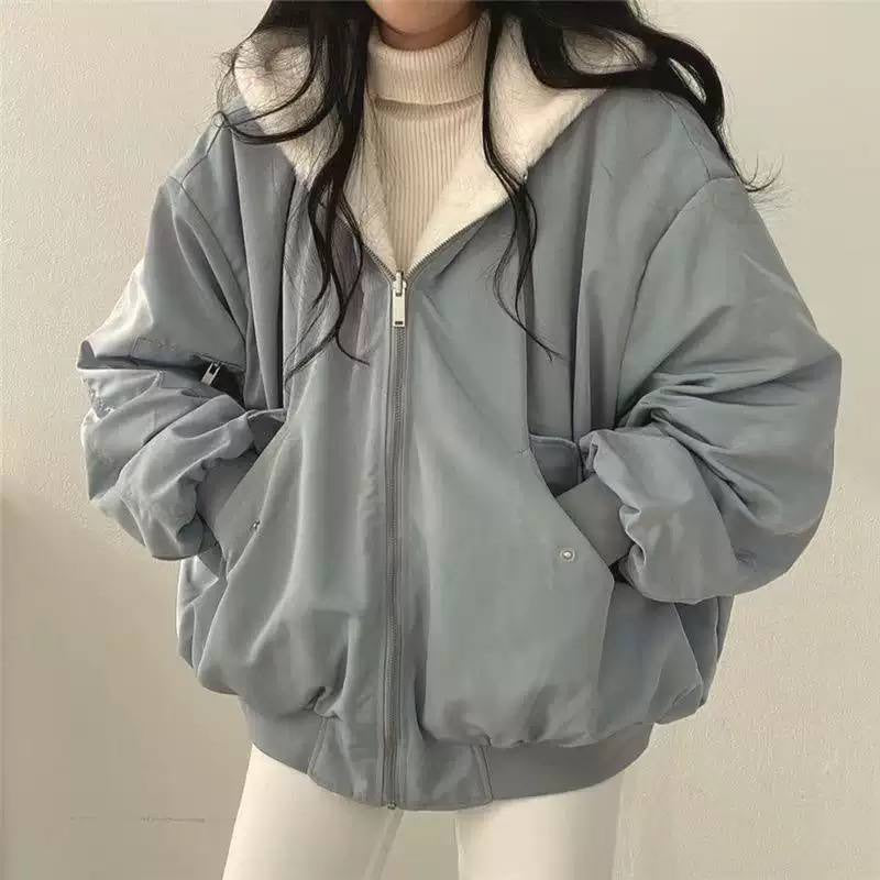Plush-Collar Bomber Jacket With Dropped Shoulders and Ribbed Trim – Grey