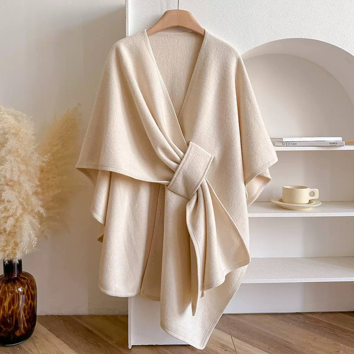 Asymmetric Cape Wrap With Gathered Front Drape – Cream