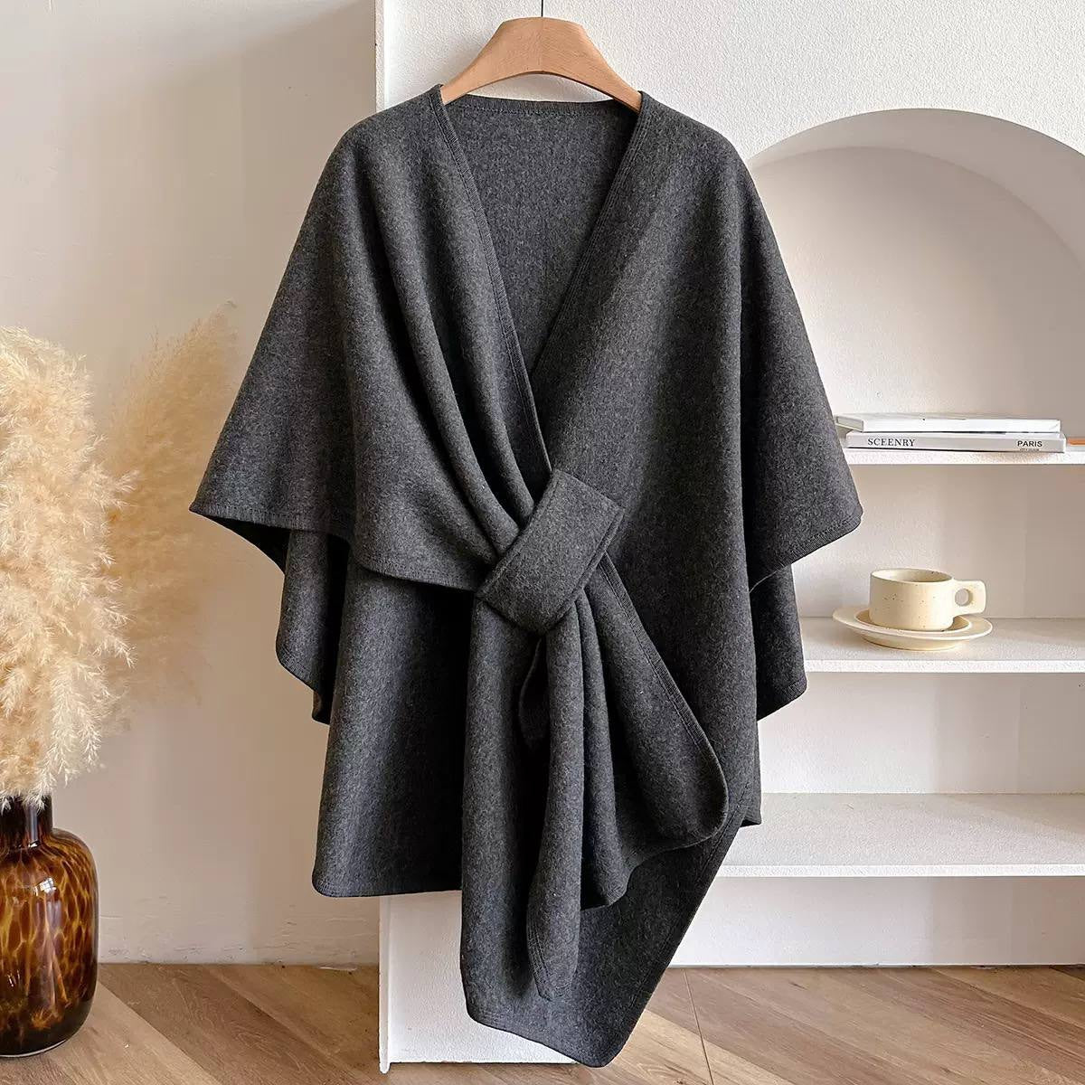 Asymmetric Cape Wrap With Gathered Front Drape – Charcoal