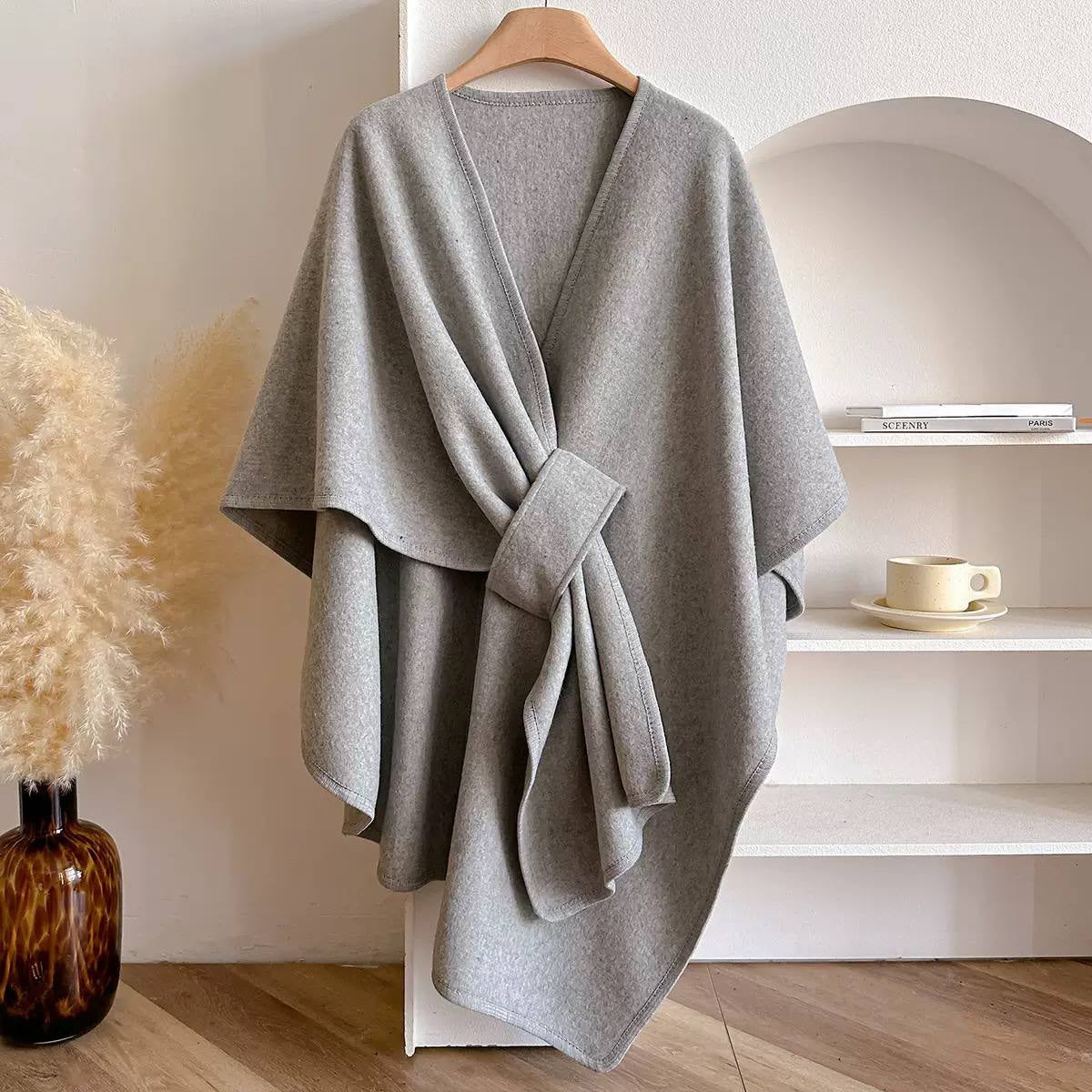 Asymmetric Cape Wrap With Gathered Front Drape – Light Grey