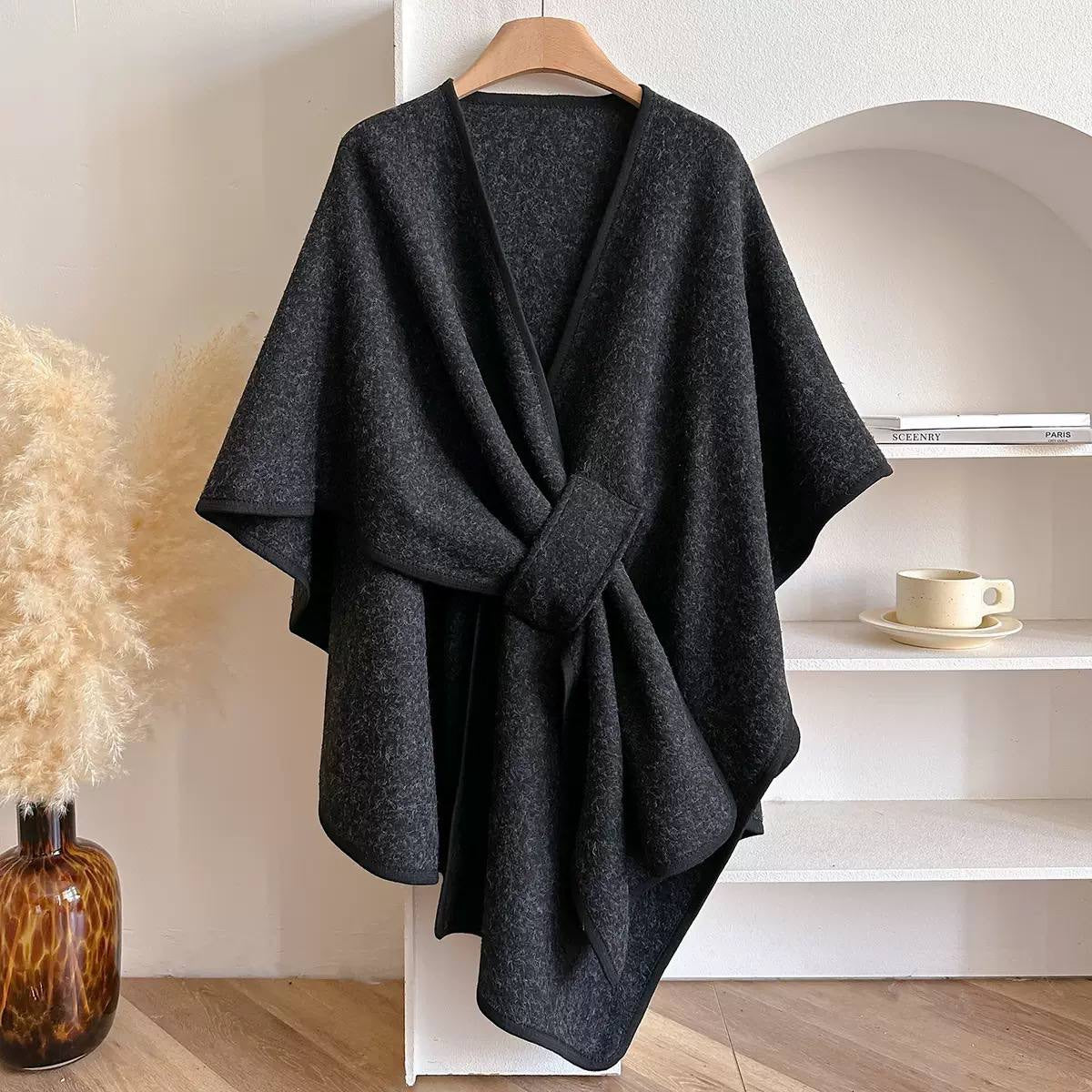 Asymmetric Cape Wrap With Gathered Front Drape – Black