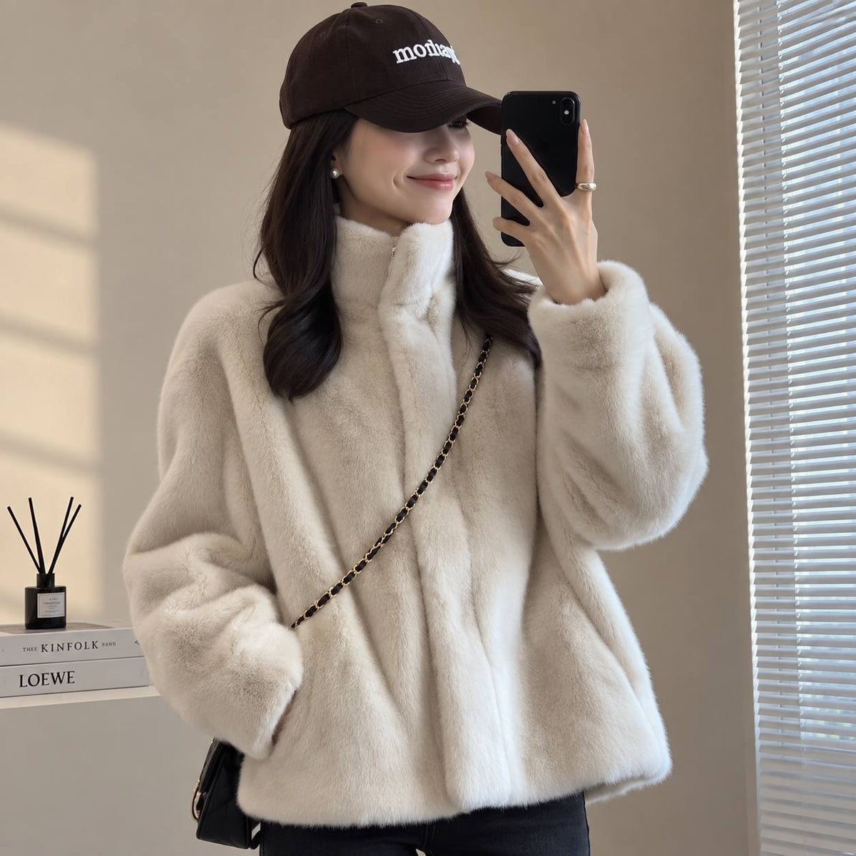 Relaxed High Collar Jacket With Plush Texture – Cream