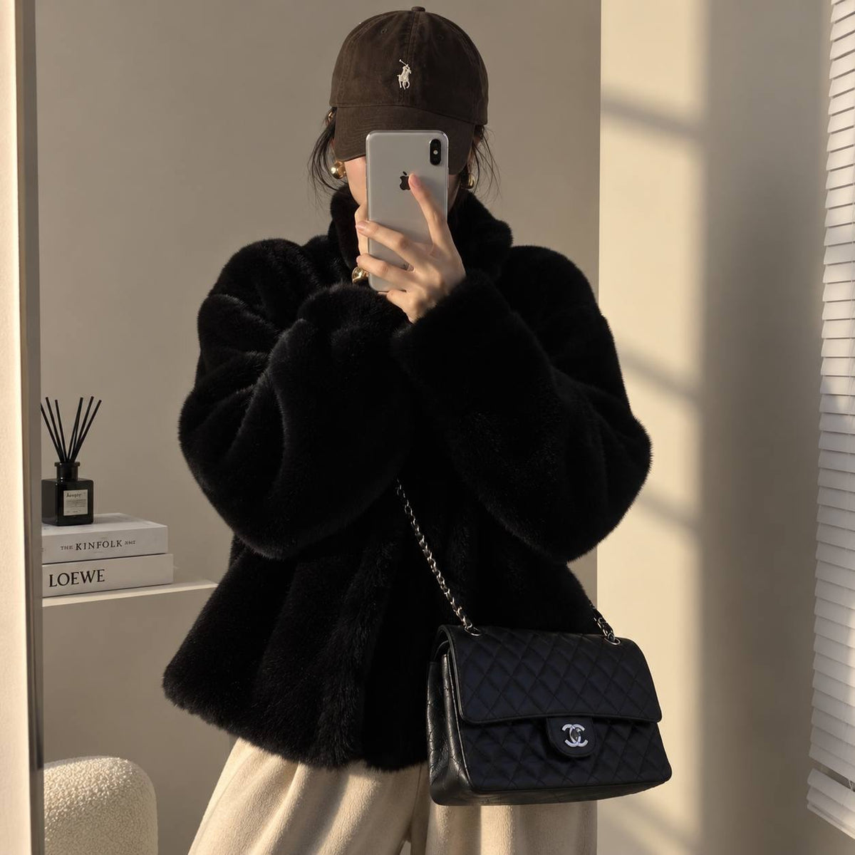 Relaxed High Collar Jacket With Plush Texture – Black