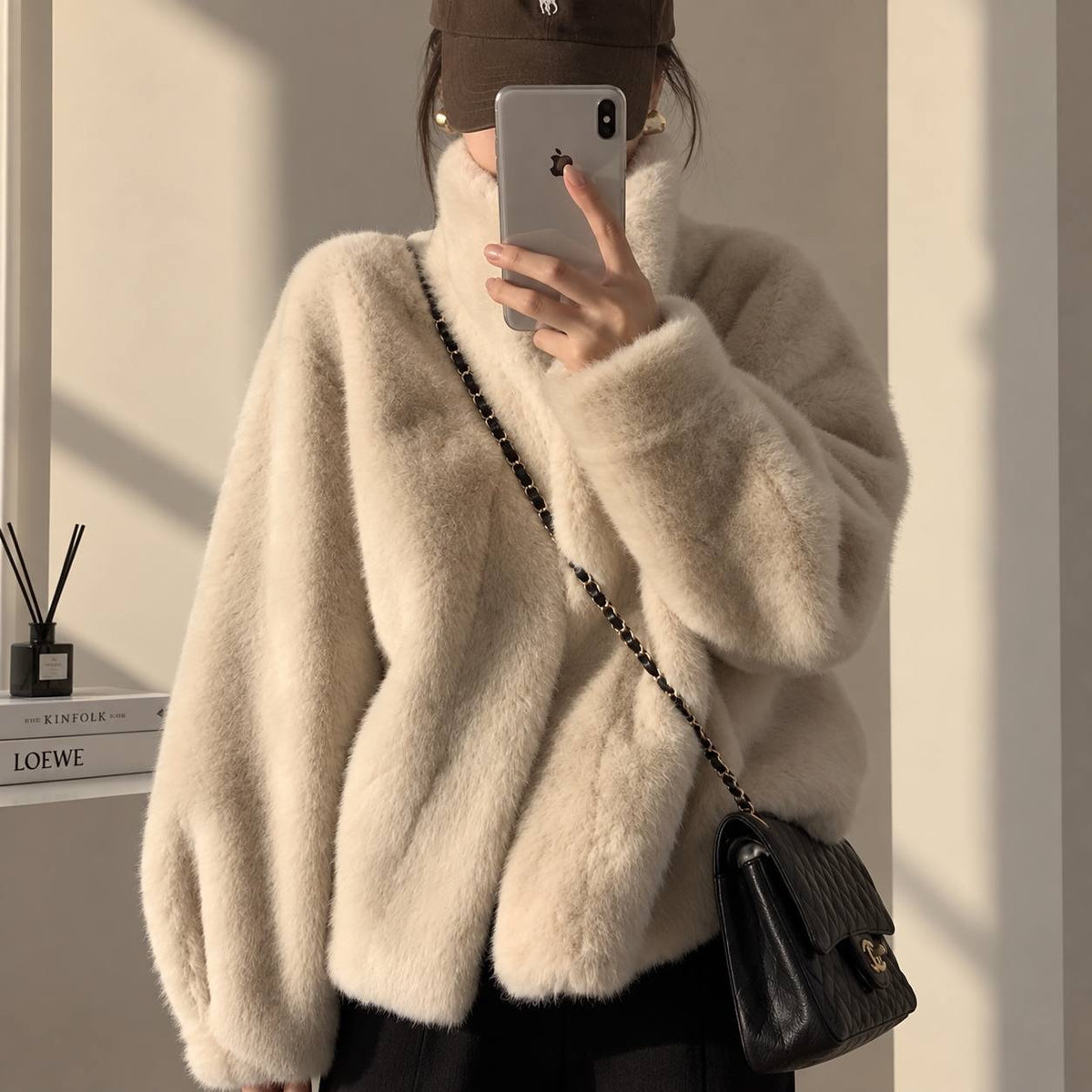 Relaxed High Collar Jacket With Plush Texture – Cream