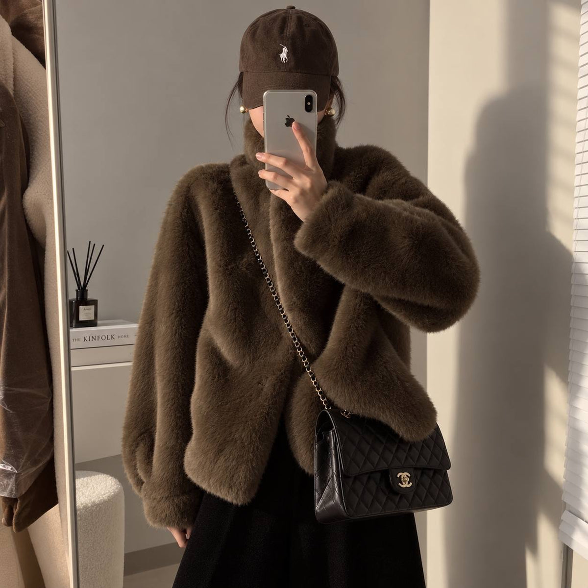 Relaxed High Collar Jacket With Plush Texture – Brown