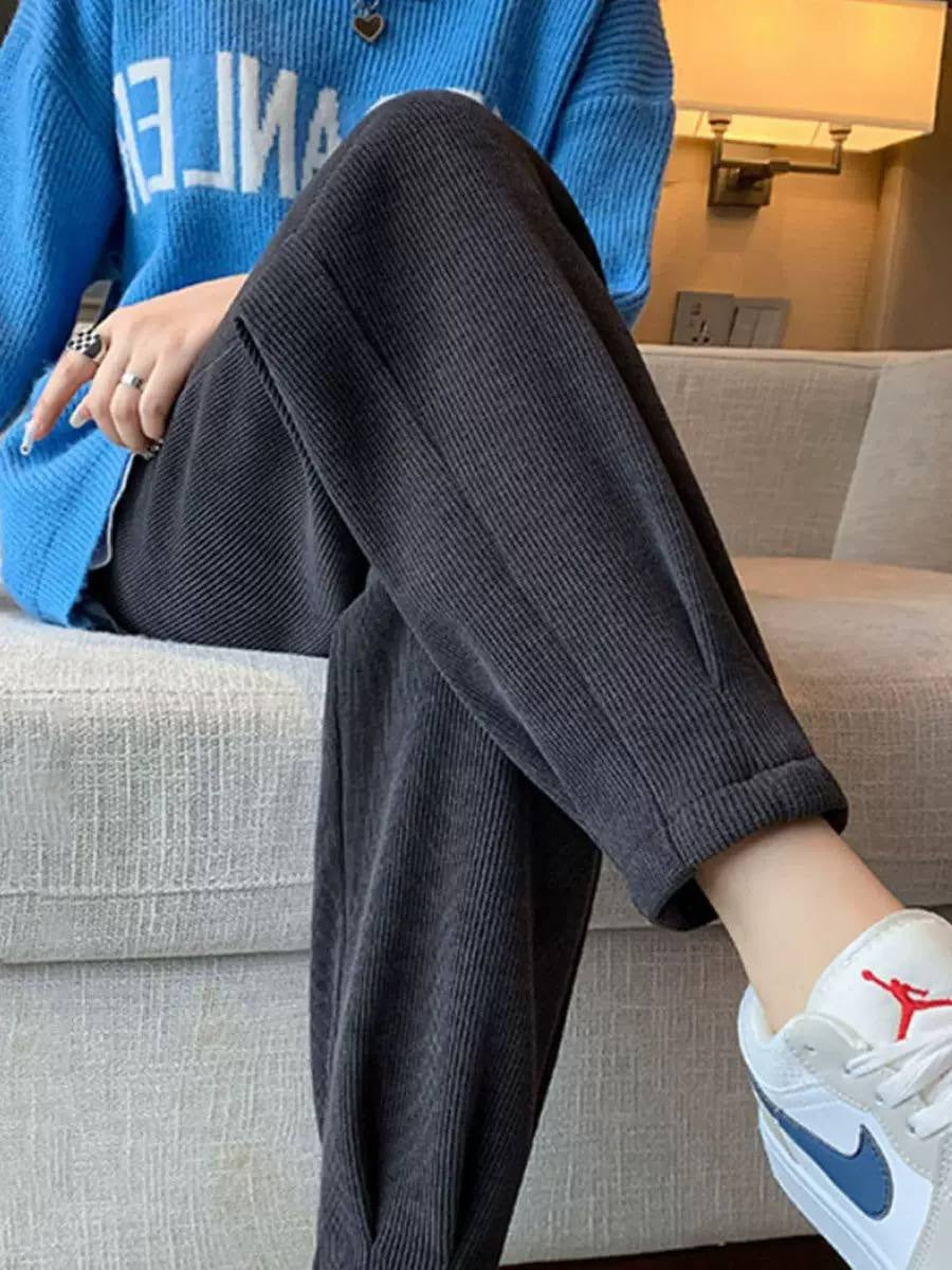 Tapered Pants With Fine Ribbing and Relaxed Fit – Dark Grey