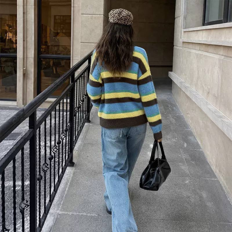 Fuzzy Striped Sweater With Ribbed Crewneck And Cuffs – Blue Striped