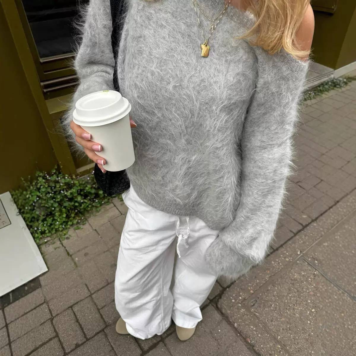 Wide Neck Sweater With Fluffy Texture and Ribbed Trim – Grey