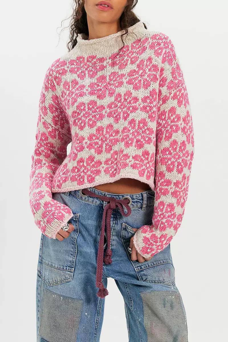 Rolled Neck Floral Sweater With Dropped Shoulders – Pink Floral
