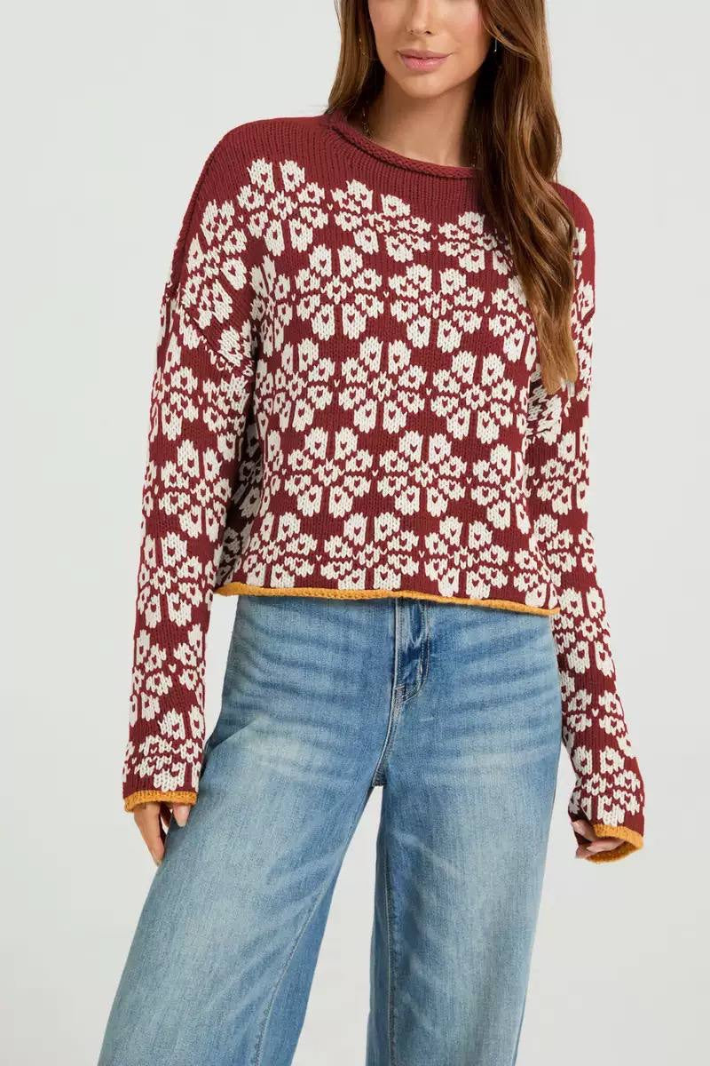 Rolled Neck Floral Sweater With Dropped Shoulders – Burgundy Floral