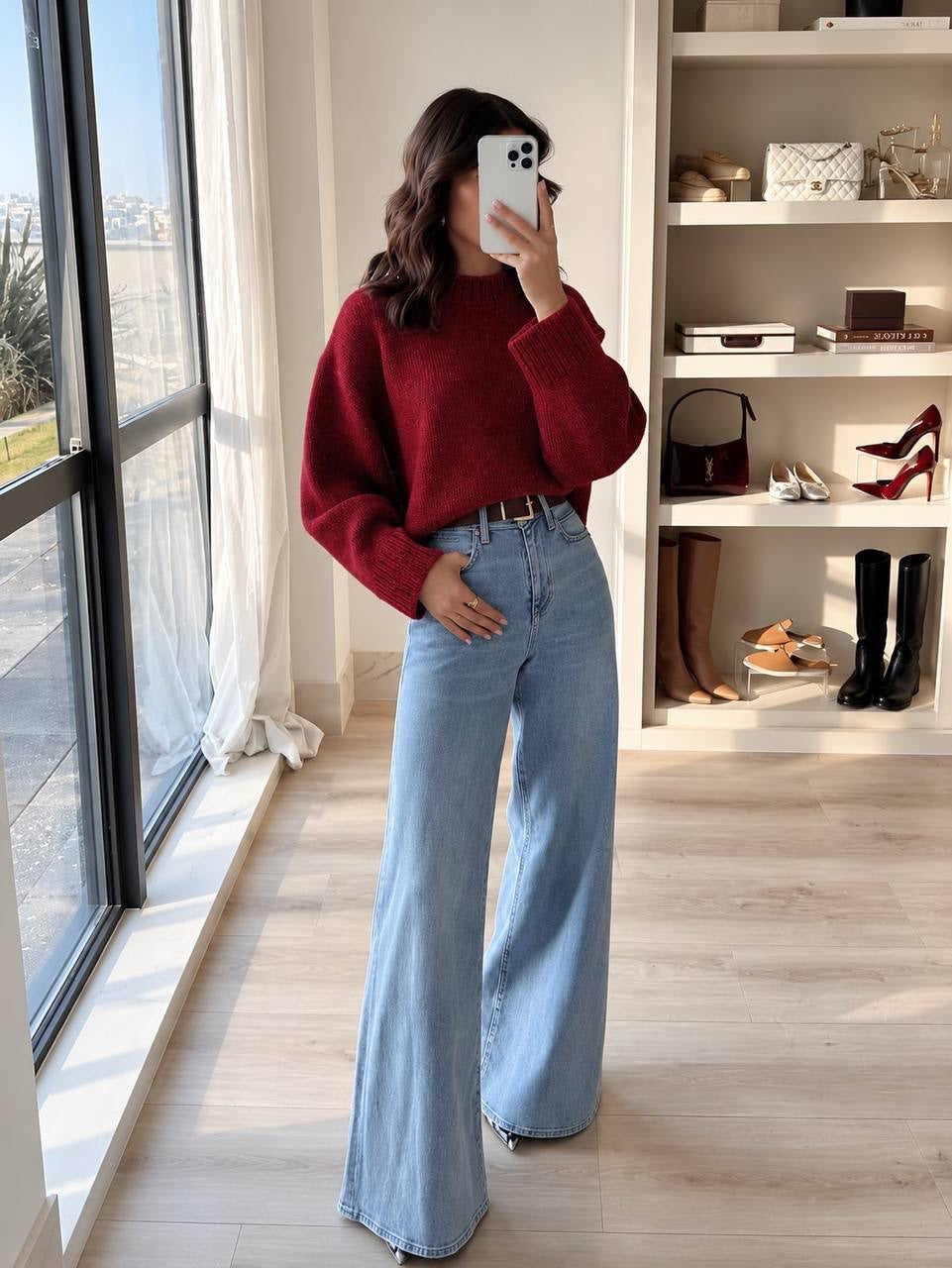 Drop Shoulder Sweater With Statement Ribbed Cuffs – Burgundy