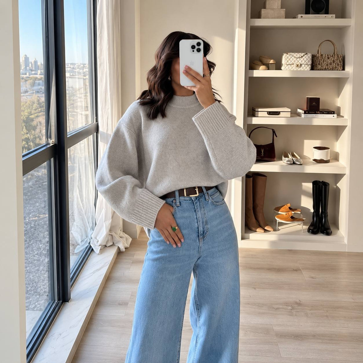 Drop Shoulder Sweater With Statement Ribbed Cuffs – Light Grey