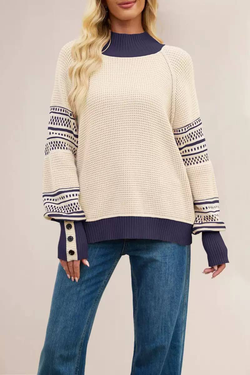 Waffle Knit Sweater With Geometric Sleeves And Button Cuffs – Cream Geometric