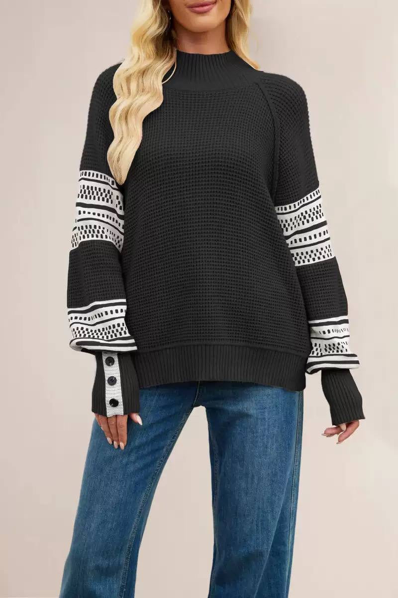 Waffle Knit Sweater With Geometric Sleeves And Button Cuffs – Black Geometric