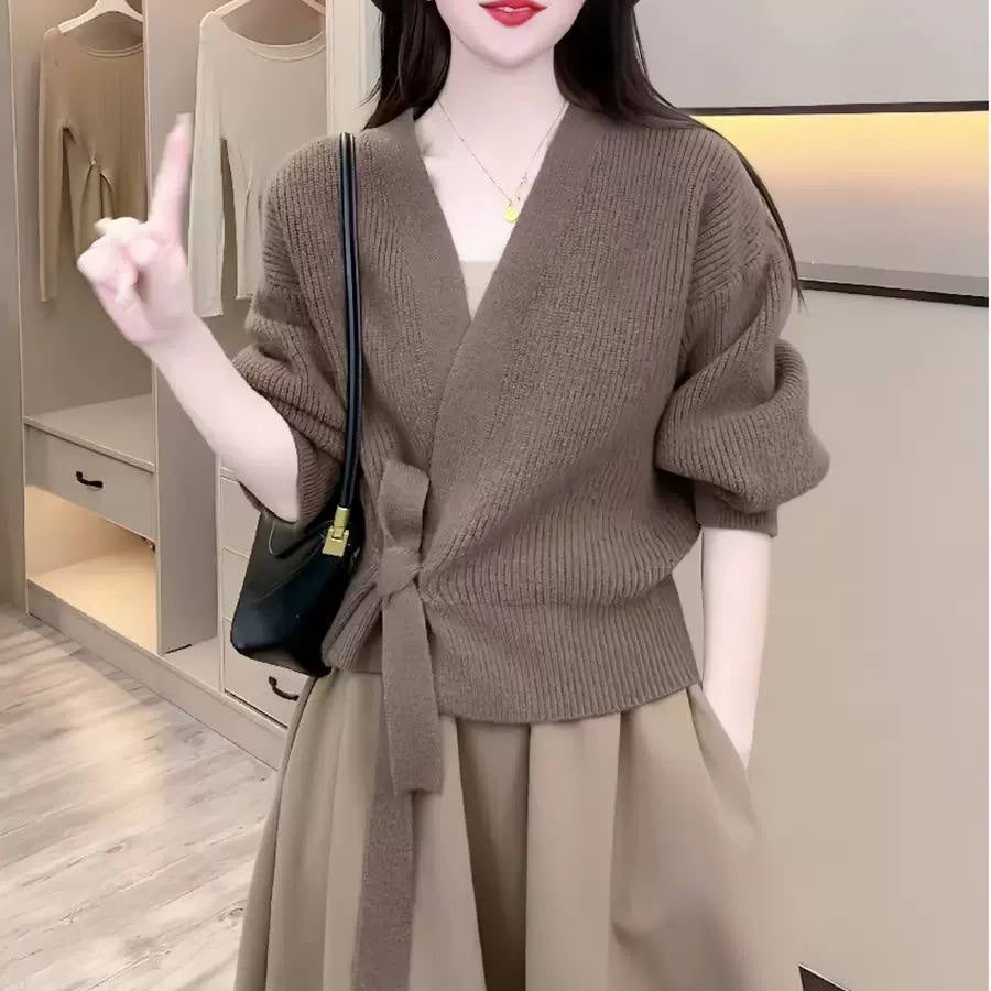 Balloon Sleeve Wrap Cardigan With Ribbing And Side Tie – Taupe