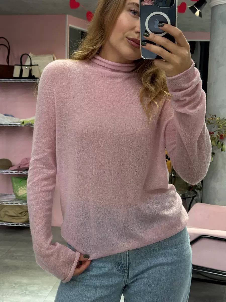 Long Sleeve Sheer Sweater With Draped Turtleneck – Pink