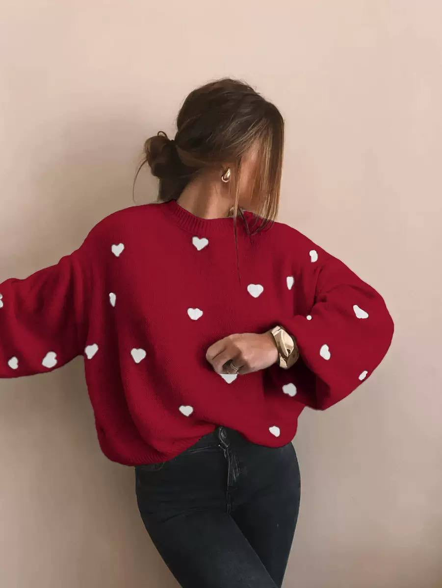 Heart Motif Drop Shoulder Sweater With Ribbed Neckline – Red Hearts