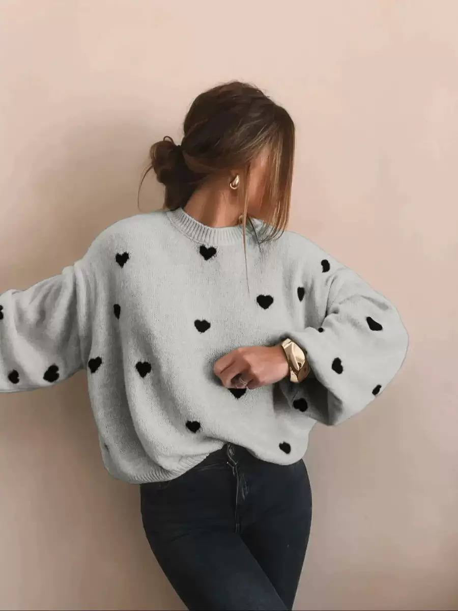 Heart Motif Drop Shoulder Sweater With Ribbed Neckline – Grey Hearts