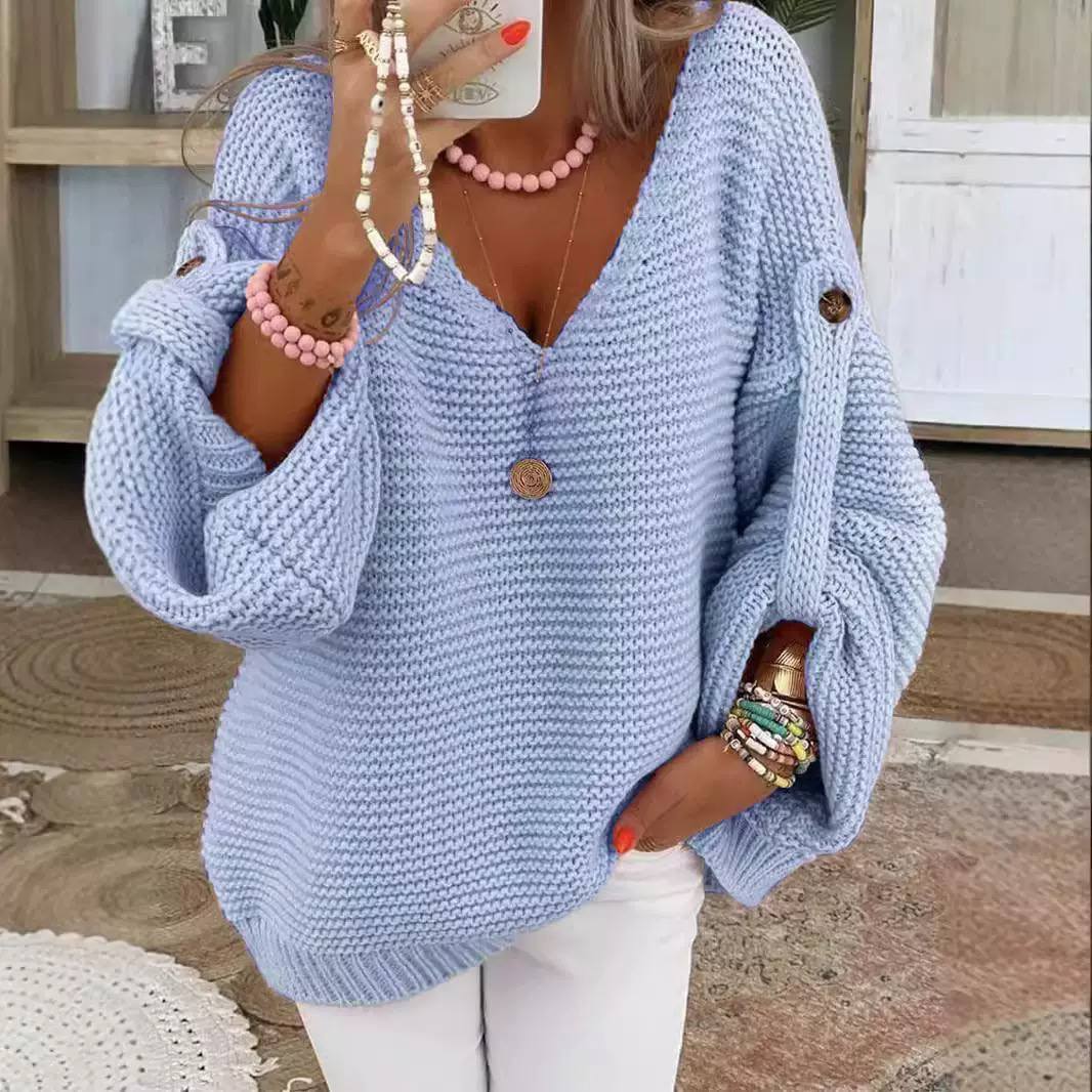 Textured Drop-Shoulder Sweater With V-Neck and Sleeve Buttons – Light Blue