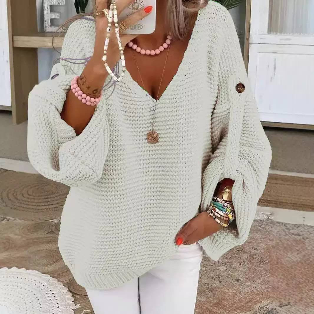 Textured Drop-Shoulder Sweater With V-Neck and Sleeve Buttons – White