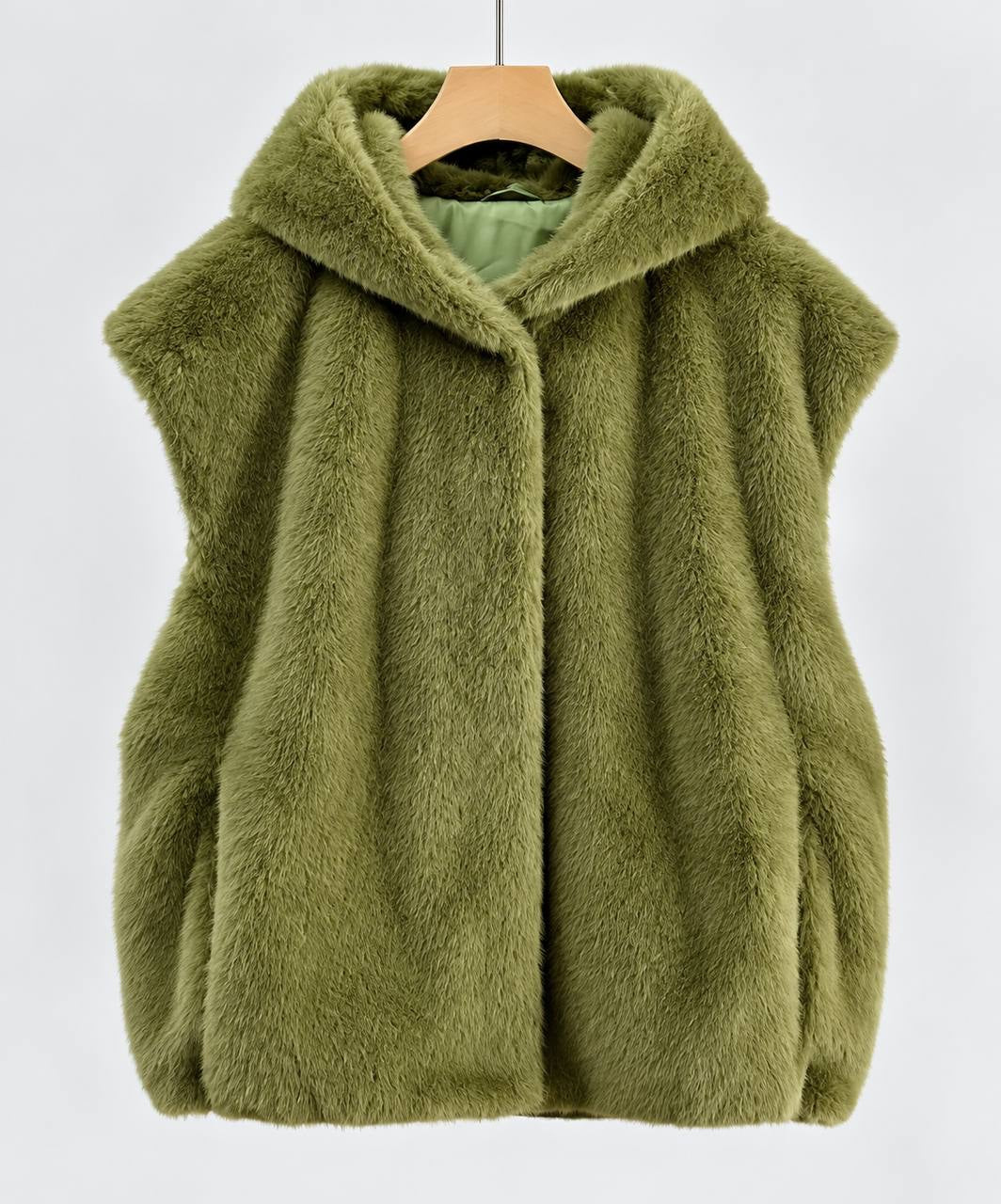 Plush Sleeveless Vest With Generous Hood And Side Pockets – Olive Green