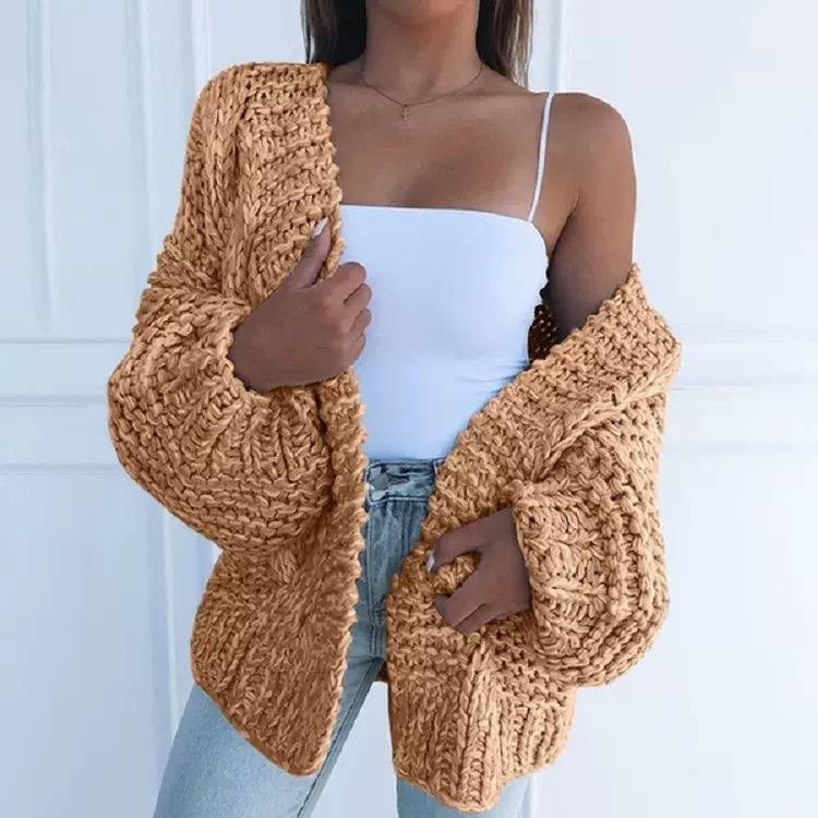 Balloon Sleeve Cardigan With Chunky Knit Ribbed Trim – Tan