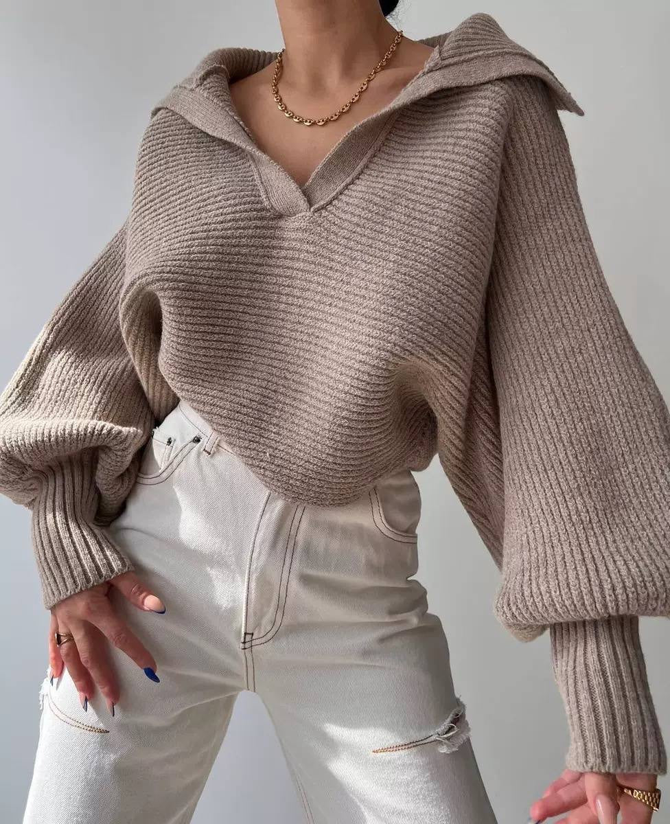 Ribbed V-Neck Sweater With Wide Foldover Collar – Taupe