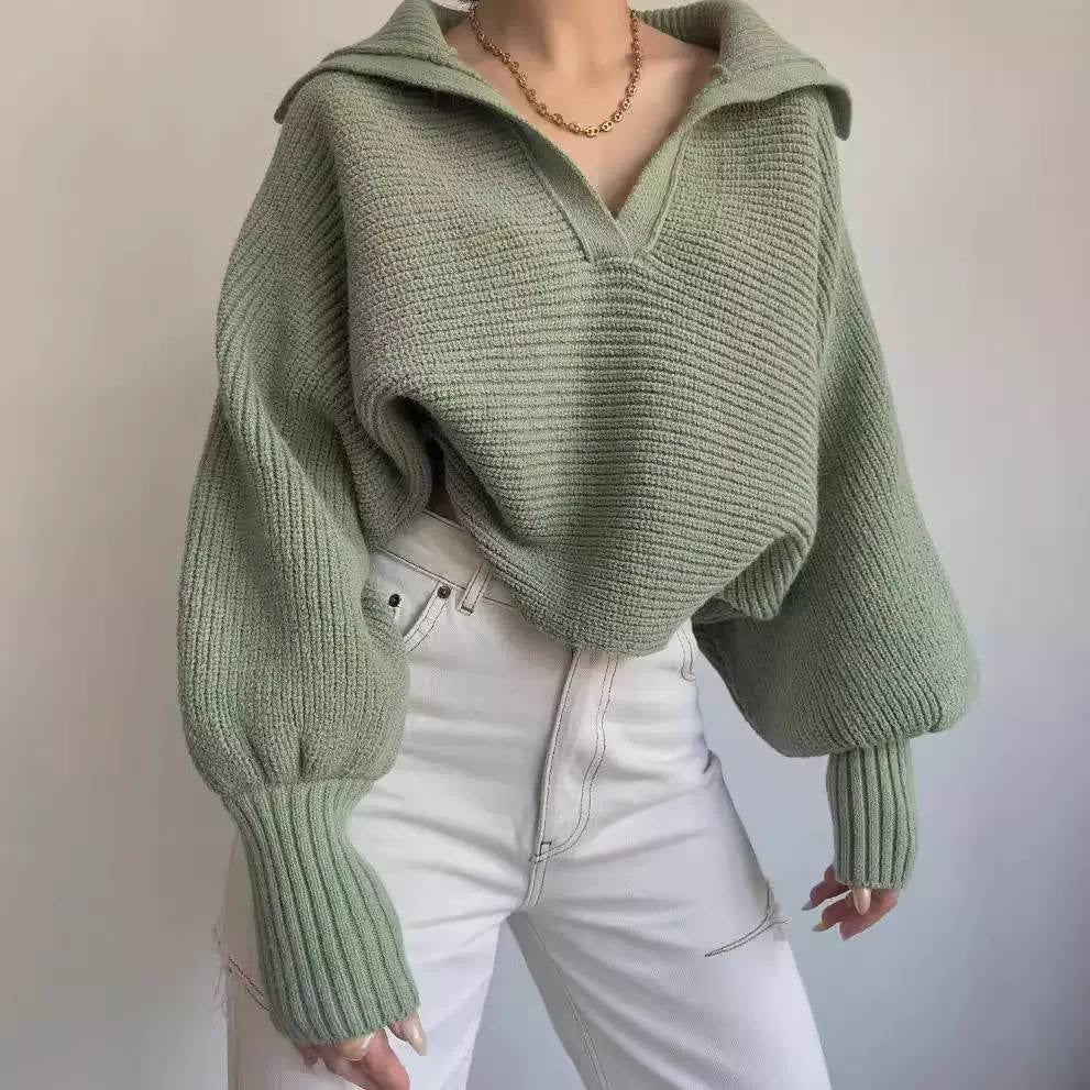Ribbed V-Neck Sweater With Wide Foldover Collar – Sage Green