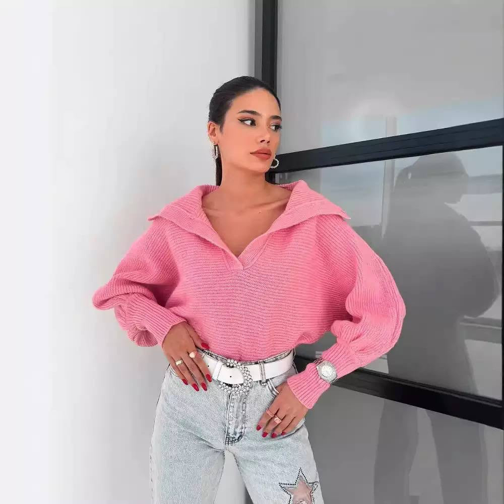 Ribbed V-Neck Sweater With Wide Foldover Collar – Pink