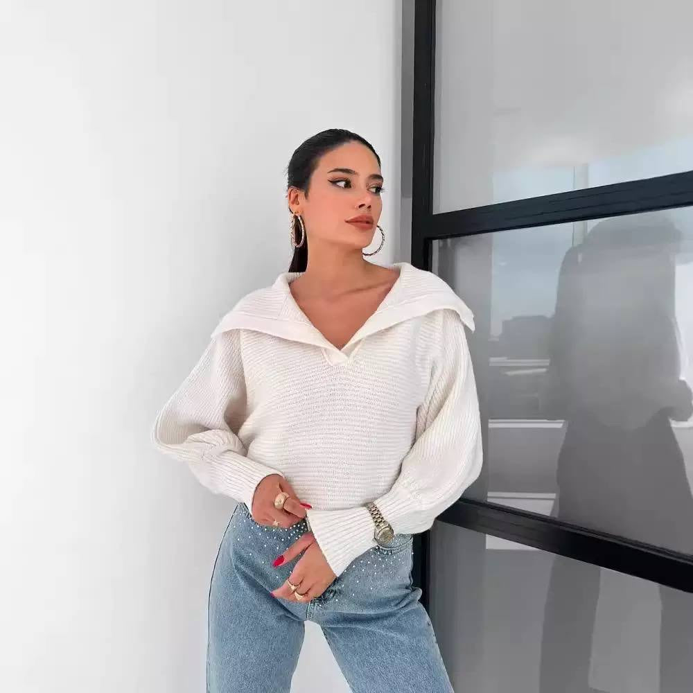 Ribbed V-Neck Sweater With Wide Foldover Collar – White