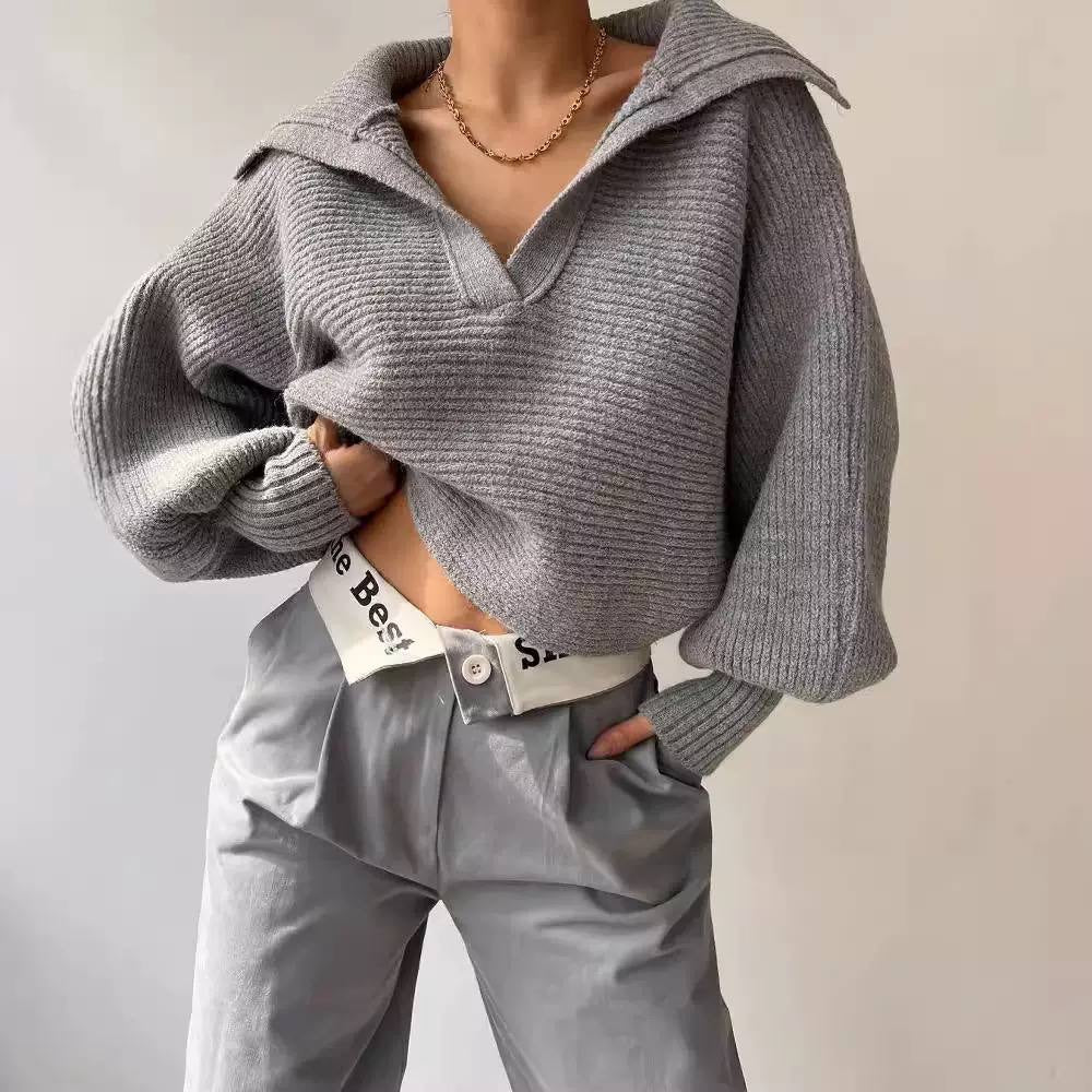 Ribbed V-Neck Sweater With Wide Foldover Collar – Grey