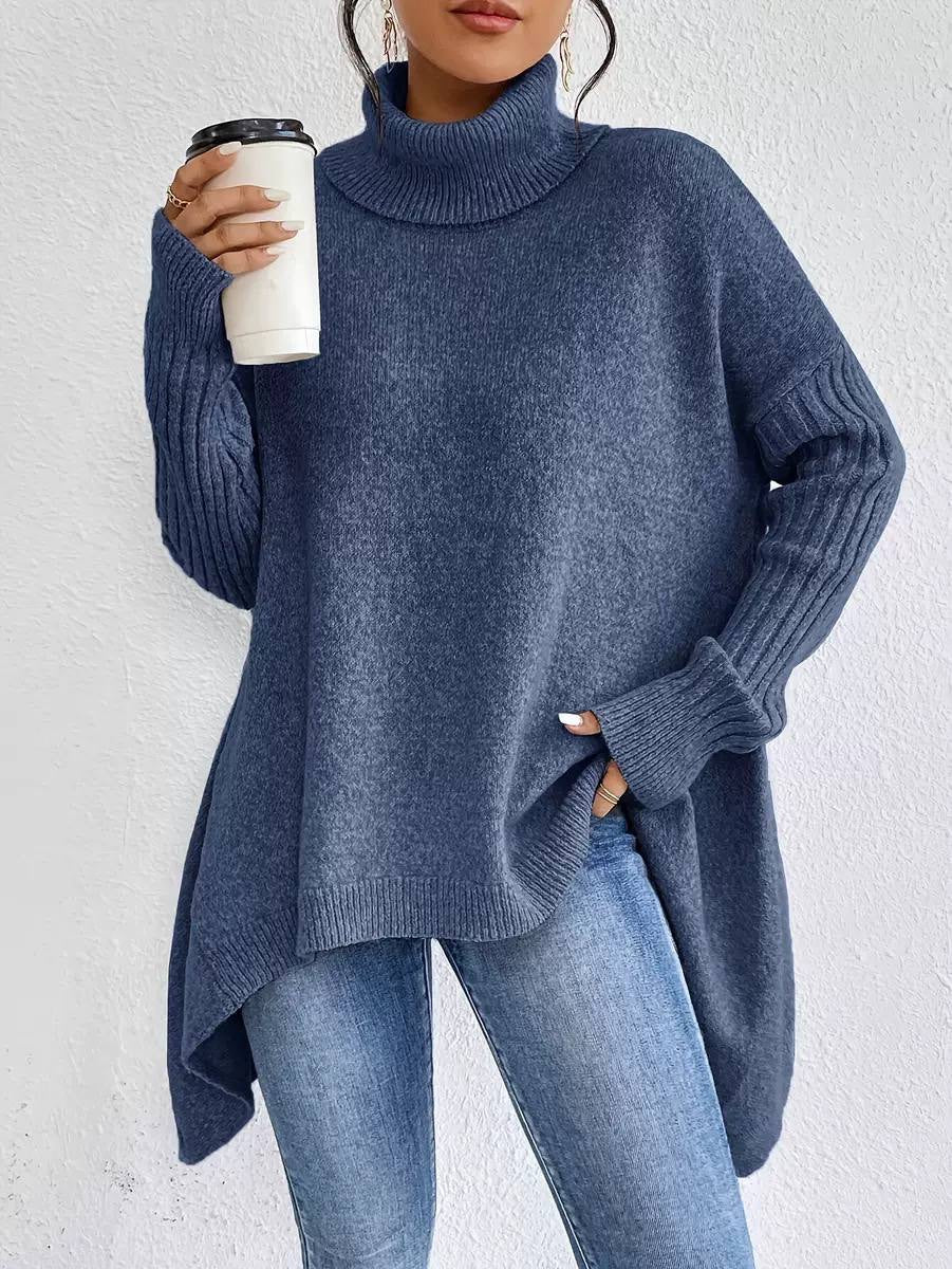 Draped Turtleneck Sweater With Dropped Shoulders and Ribbed Sleeves – Blue