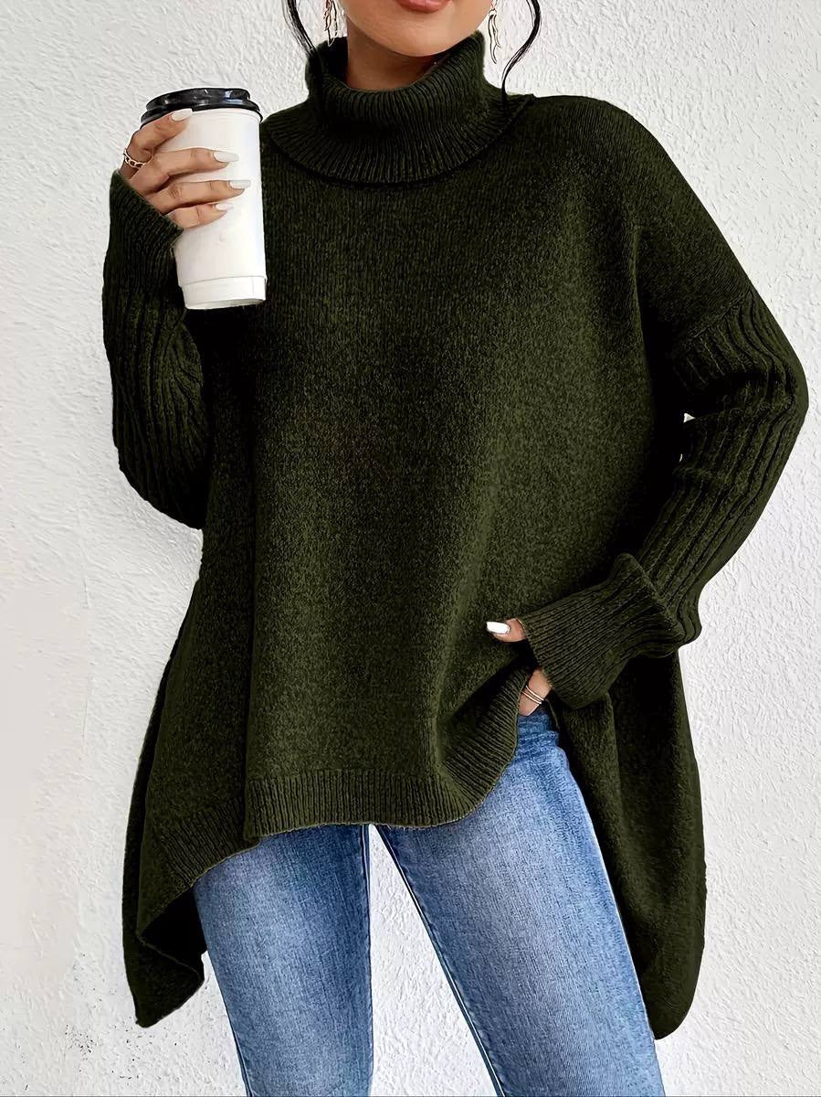 Draped Turtleneck Sweater With Dropped Shoulders and Ribbed Sleeves – Dark Green