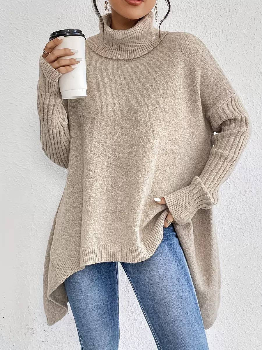 Draped Turtleneck Sweater With Dropped Shoulders and Ribbed Sleeves – Beige