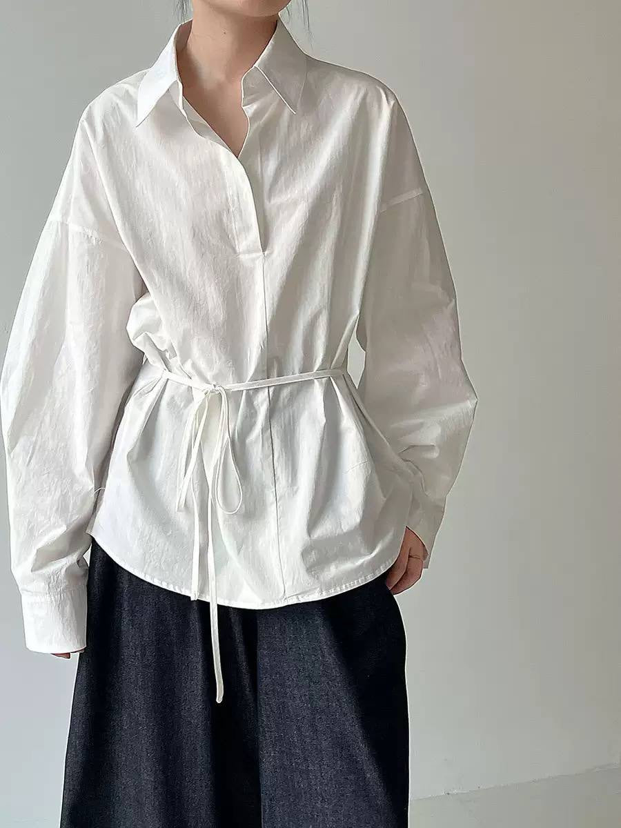 Split-Neck Blouse With Pointed Collar And Waist Tie – White