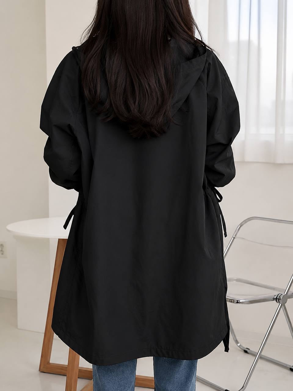 Longline Blouse With Side Ties and Curved High-Low Hem – Black