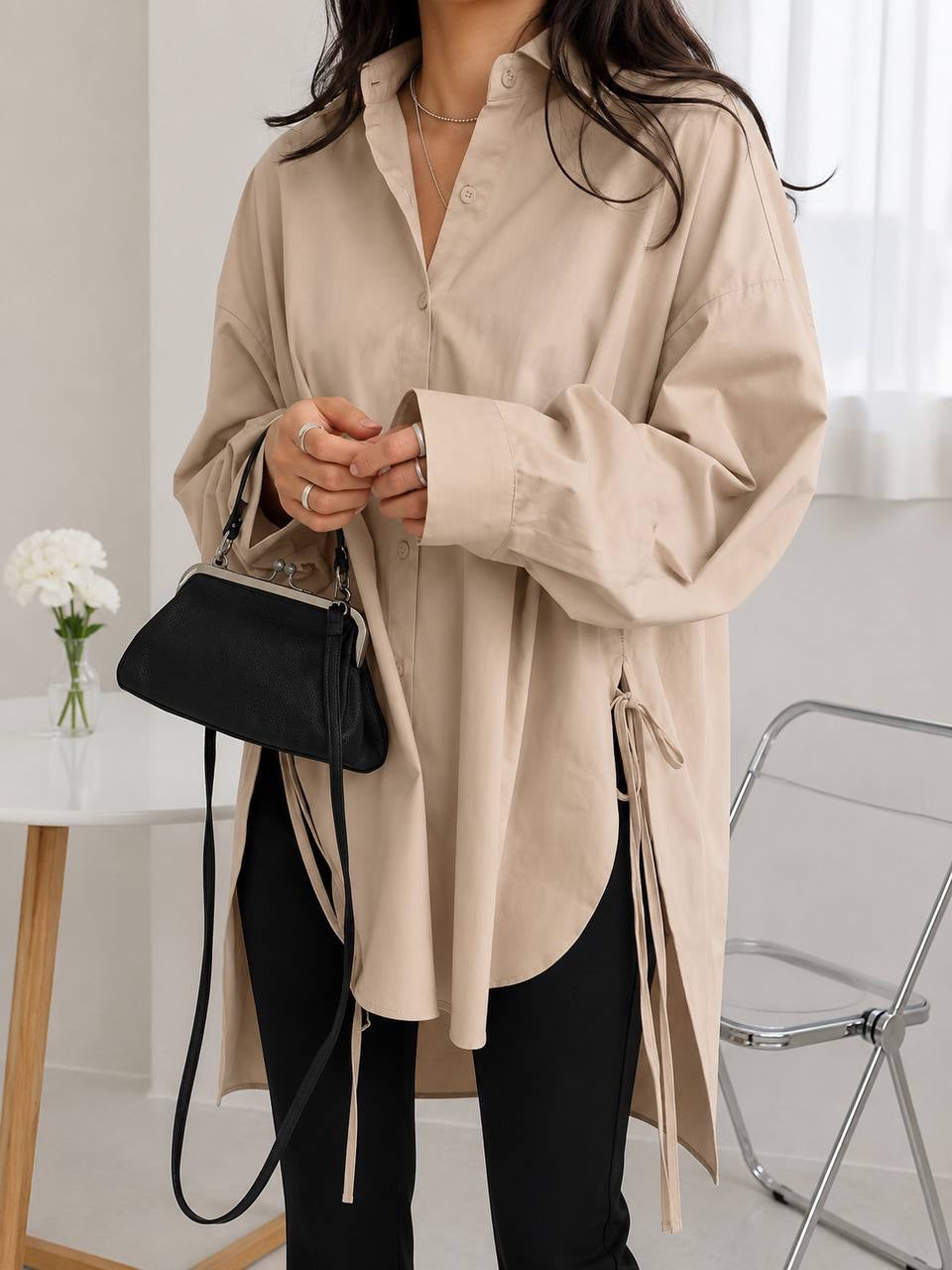 Longline Blouse With Side Ties and Curved High-Low Hem – Beige