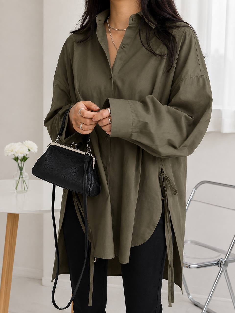 Longline Blouse With Side Ties and Curved High-Low Hem – Olive Green