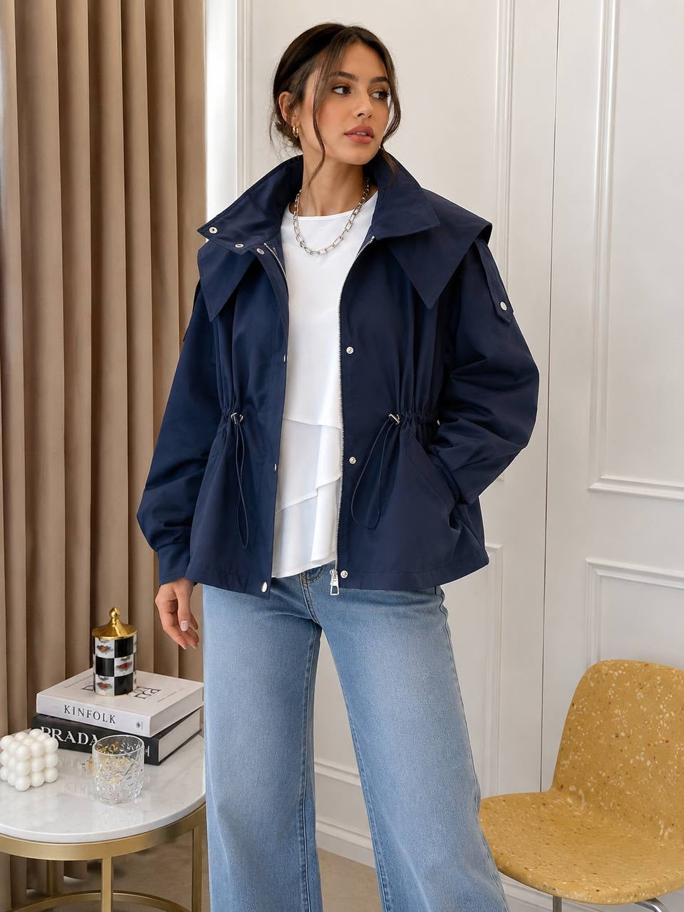 Zip-Front Jacket With Statement Collar and Adjustable Waist – Navy